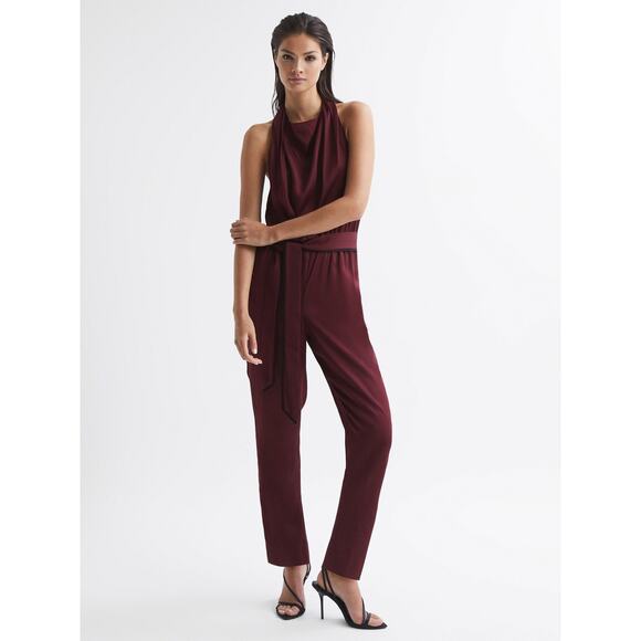 REISS Women's Frida Bow-Back Jumpsuit Sleeveless In Burgundy Red Size 4 NWT